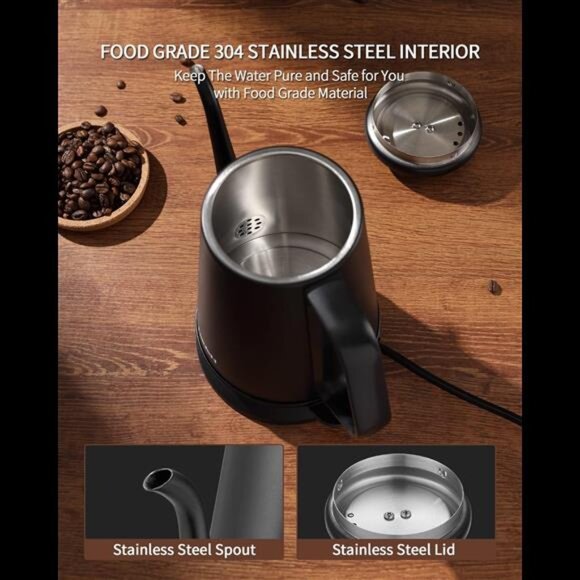 Gooseneck Electric Kettle(1.0L),1000W Electric Tea Kettle of 304 Stainless Steel - Picture 3 of 8